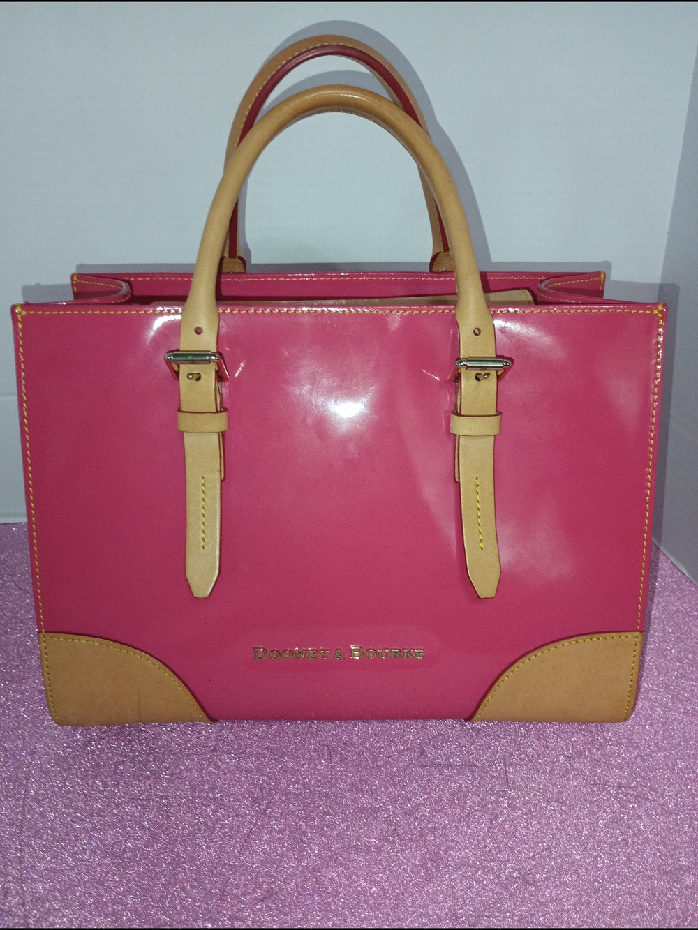 Dooney & Bourke Pink Patent Leather Satchel with Tan Trim
